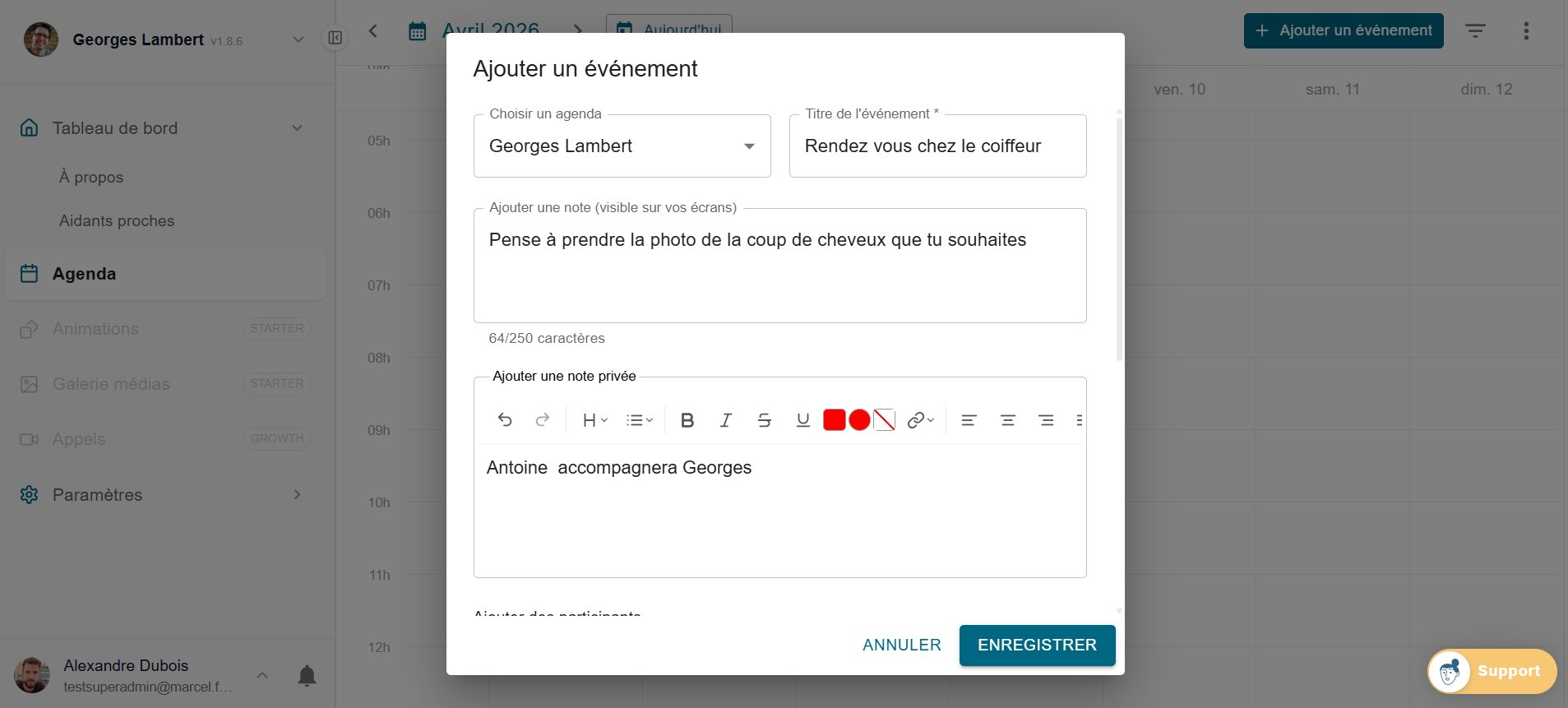 Formulaire de création d'un événement dans Marcel - titre, note, participants