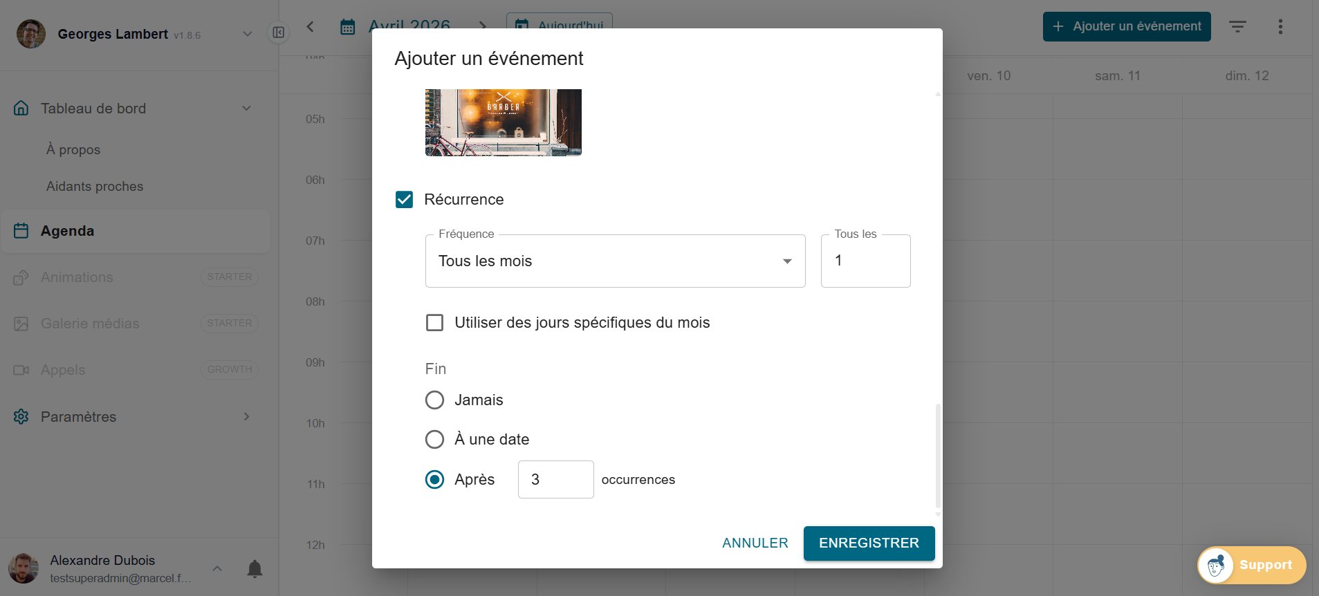 Paramétrage de la récurrence d'un événement dans Marcel - tous les mois