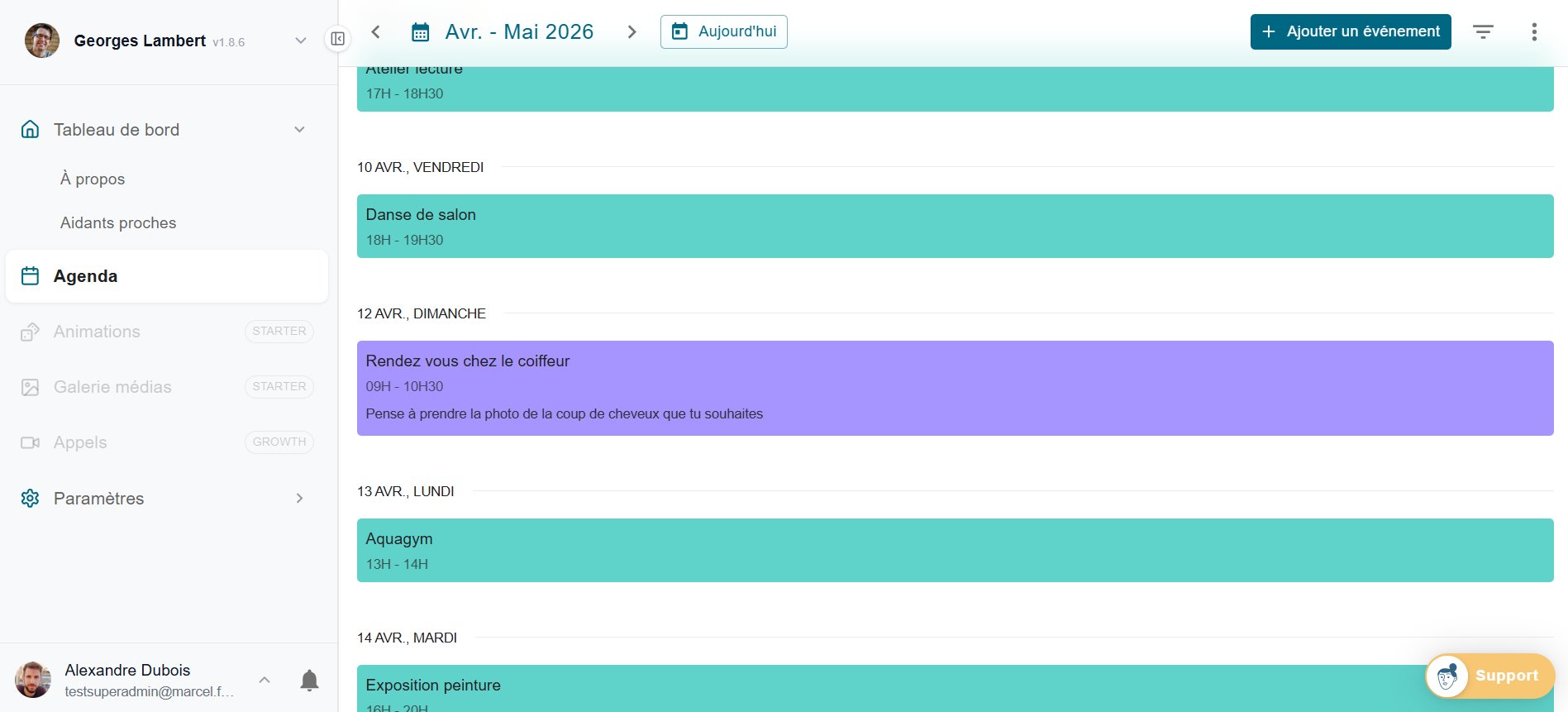Vue liste des événements dans Marcel - agenda aidant avec code couleur famille et établissement